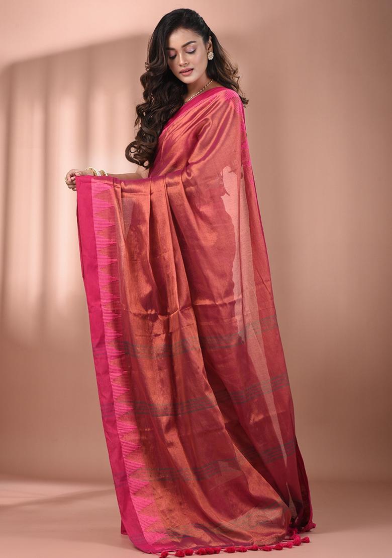 Pink Floral Embroidery Tissue Saree Set - Indya