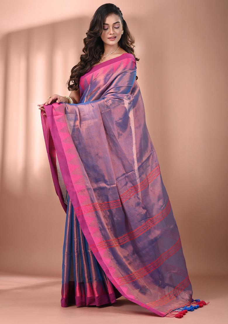 Violet Floral Embroidery Tissue Saree Set - Indya