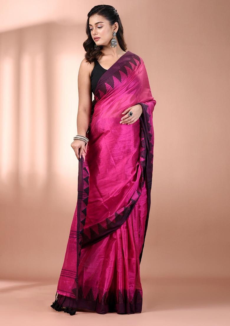 Pink Floral Embroidery Tissue Saree Set - Indya