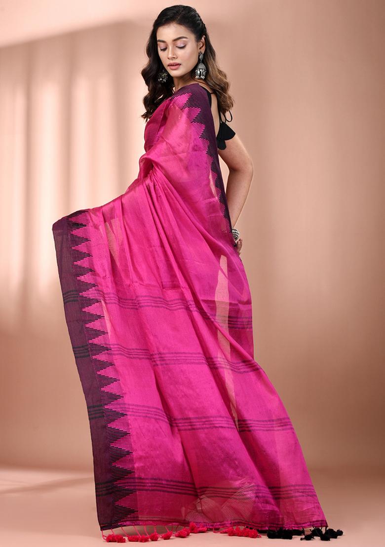 Pink Floral Embroidery Tissue Saree Set - Indya