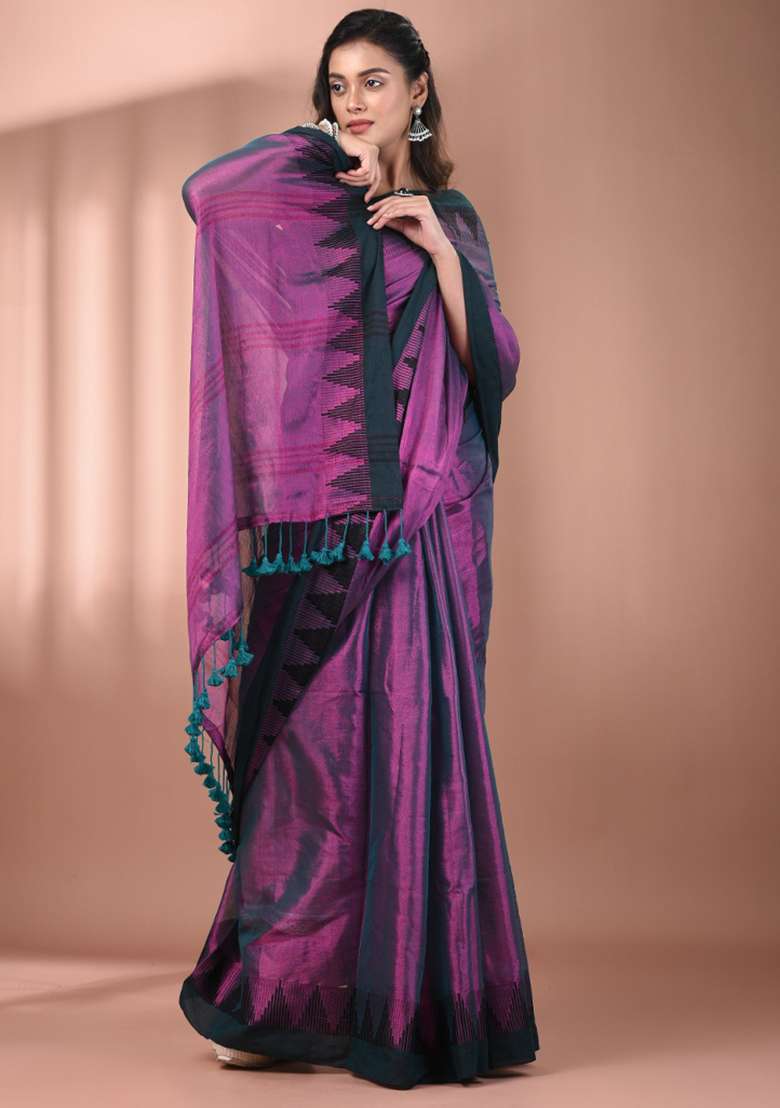 Purple Floral Embroidery Tissue Saree Set for Diwali and Festive Wear - Indya