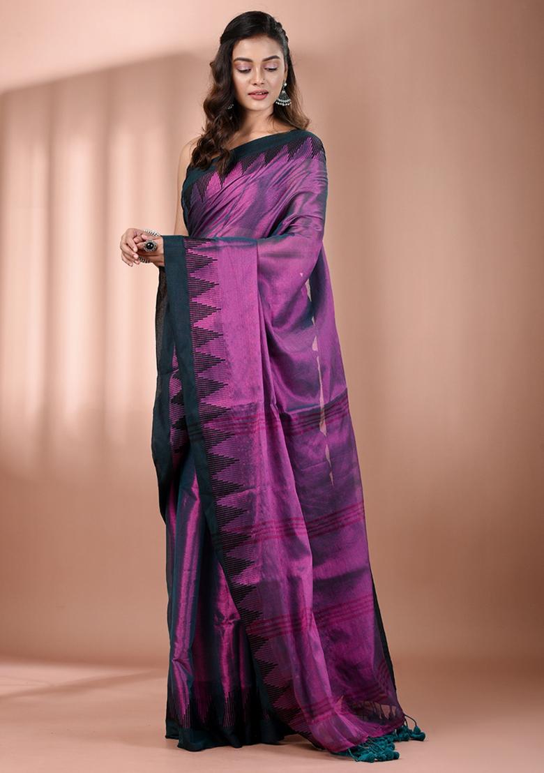 Purple Floral Embroidery Tissue Saree Set - Indya