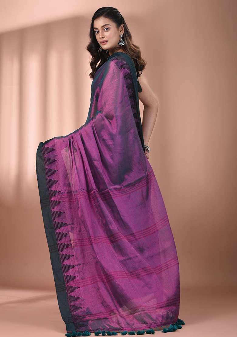 Purple Floral Embroidery Tissue Saree Set for Diwali and Festive Wear - Indya