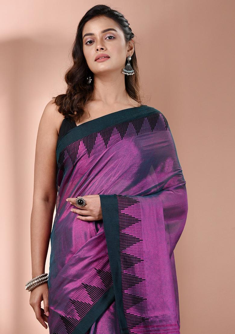 Purple Floral Embroidery Tissue Saree Set - Indya