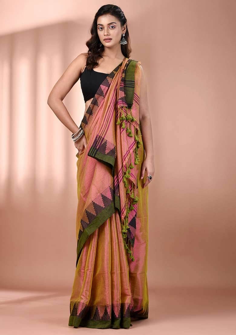 Lime Green Floral Embroidery Tissue Saree Set - Indya