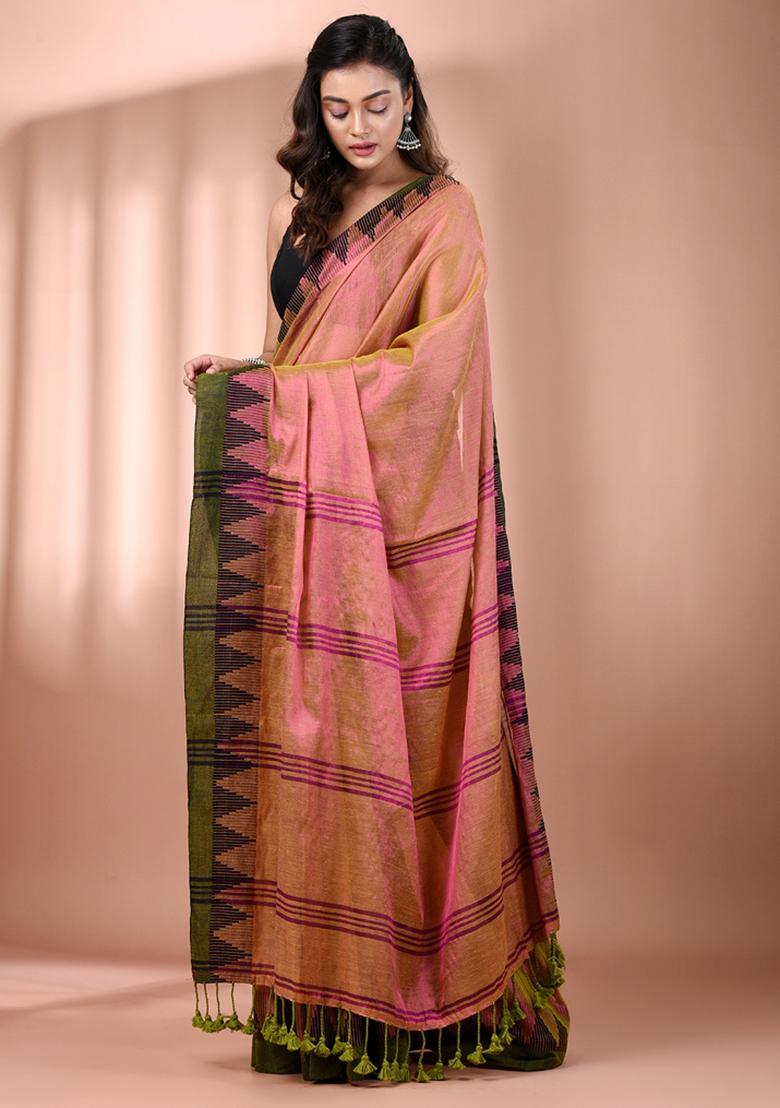 Lime Green Floral Embroidery Tissue Saree Set - Indya