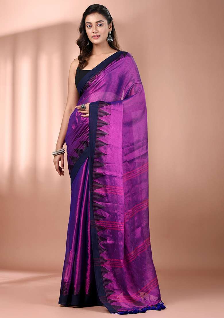 Purple Floral Tissue Saree Set with Embroidery for Diwali | Wedding & Festive Wear - Indya