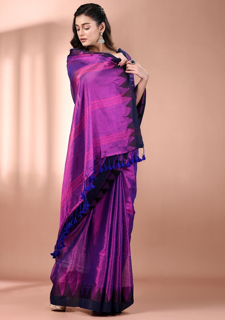 Purple Floral Embroidery Tissue Saree Set - Indya