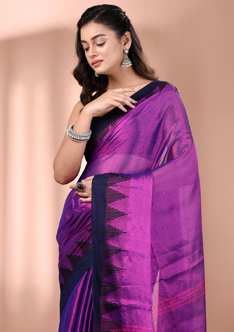 Purple Floral Embroidery Tissue Saree Set - Indya
