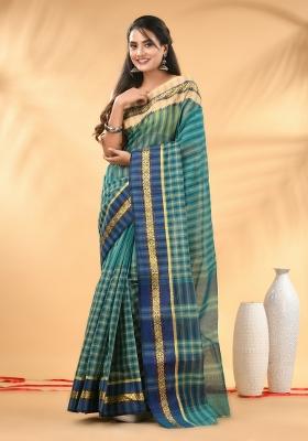 Teal Floral Embroidery Cotton Saree