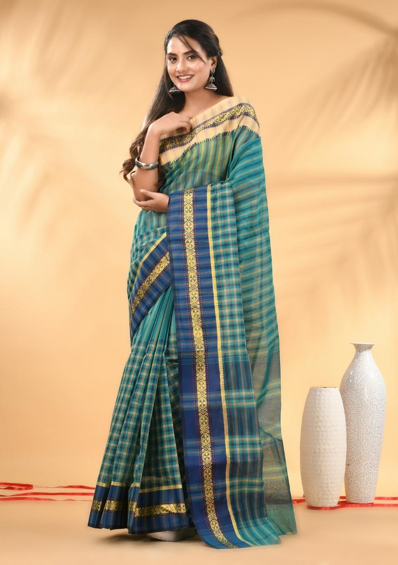 Teal Floral Embroidery Cotton Saree
