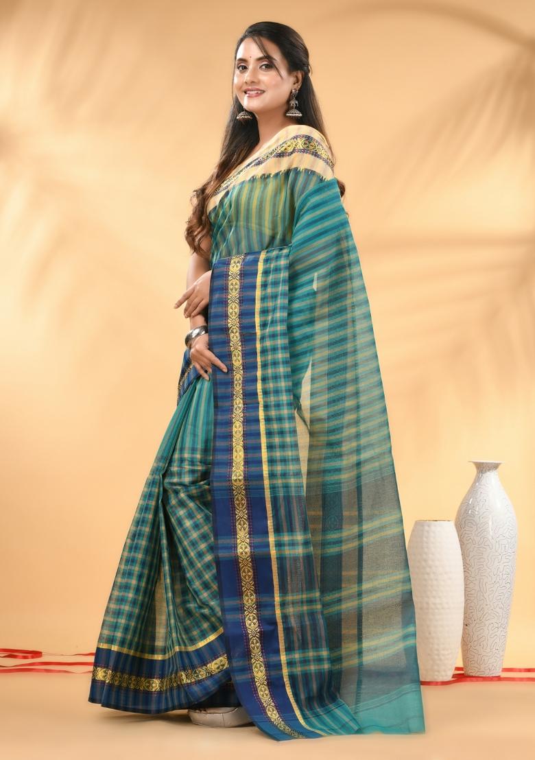 Teal Floral Embroidery Cotton Saree