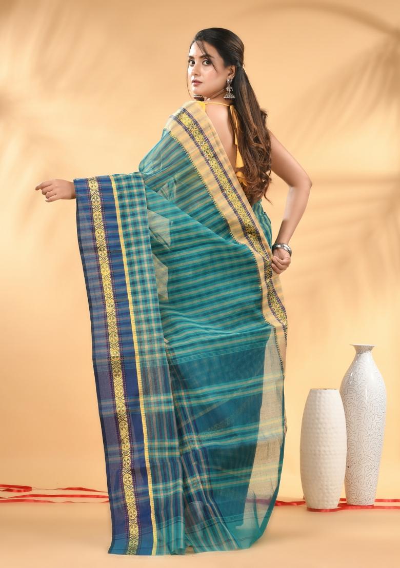 Teal Floral Embroidery Cotton Saree