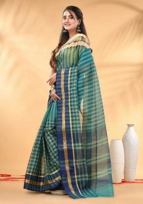 Teal Floral Embroidery Cotton Saree