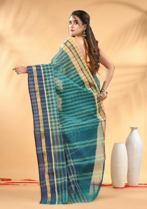 Teal Floral Embroidery Cotton Saree