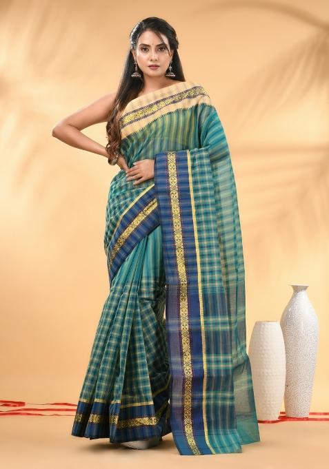 Teal Floral Embroidery Cotton Saree