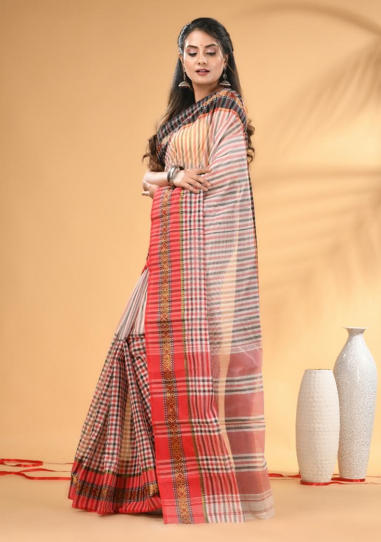 White Floral Embroidery Cotton Saree - Indya