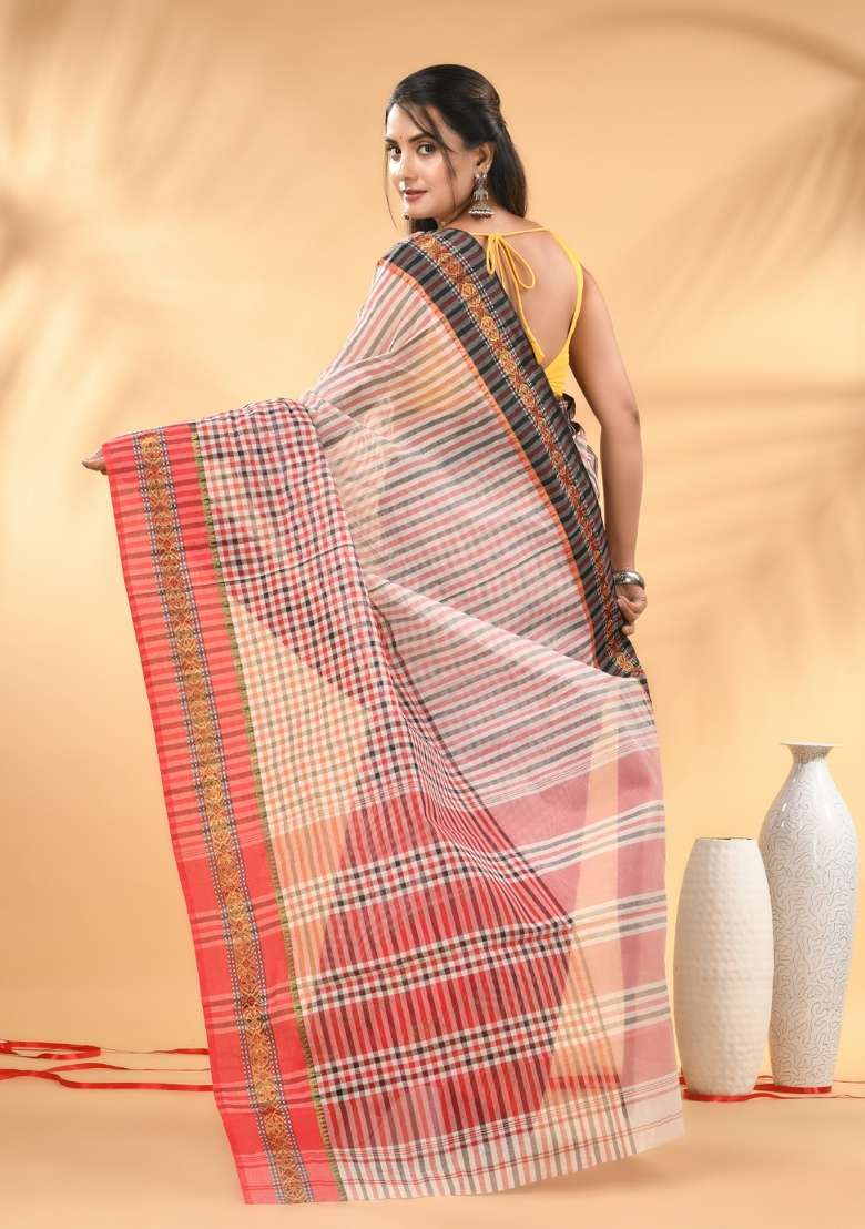 White Floral Embroidery Cotton Saree - Indya