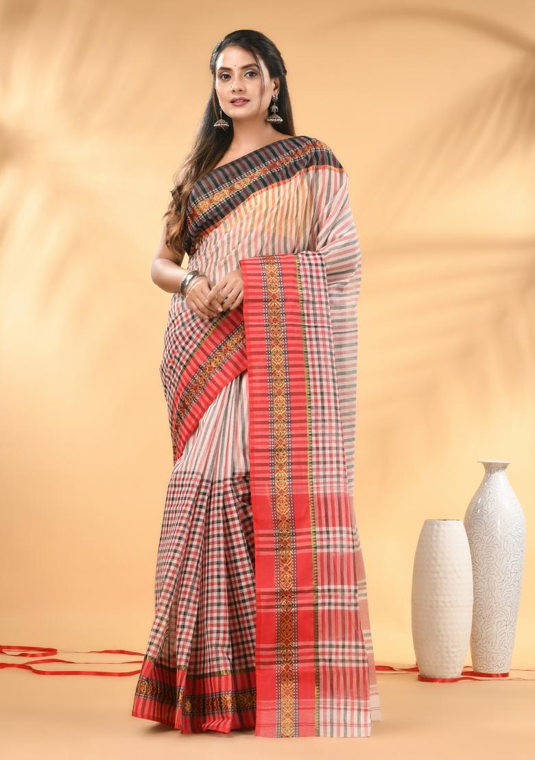 White Floral Embroidery Cotton Saree - Indya