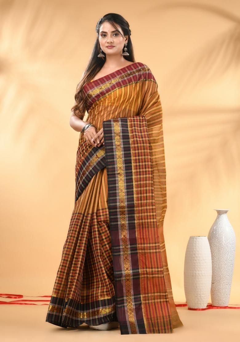 Mustard Floral Embroidery Cotton Saree - Indya