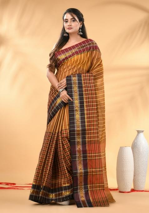 Mustard Floral Embroidery Cotton Saree