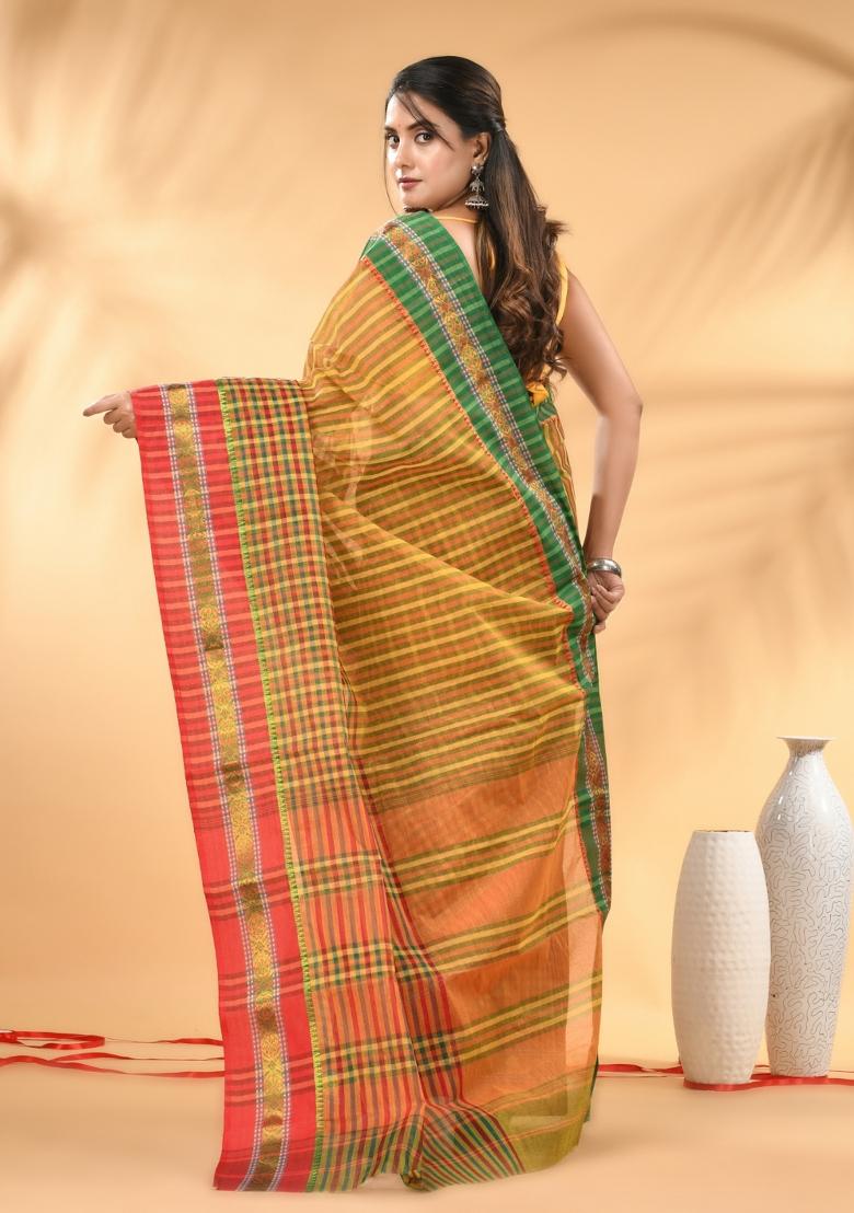 Yellow Floral Embroidery Cotton Saree