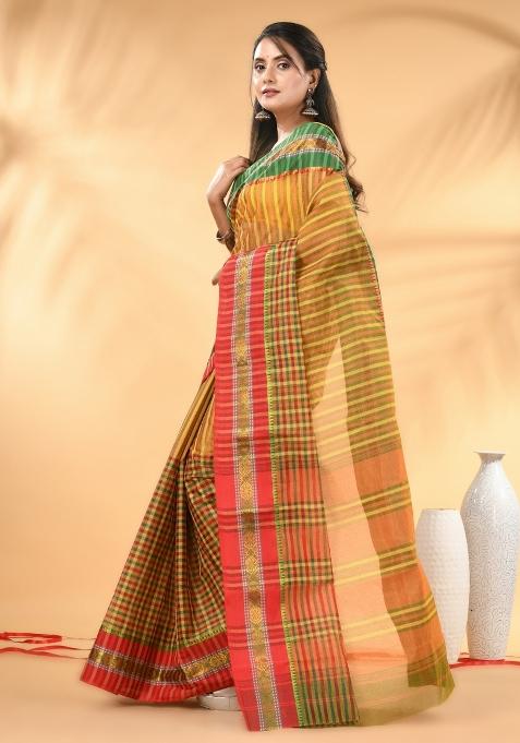 Yellow Floral Embroidery Cotton Saree