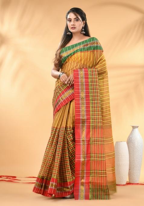 Yellow Floral Embroidery Cotton Saree