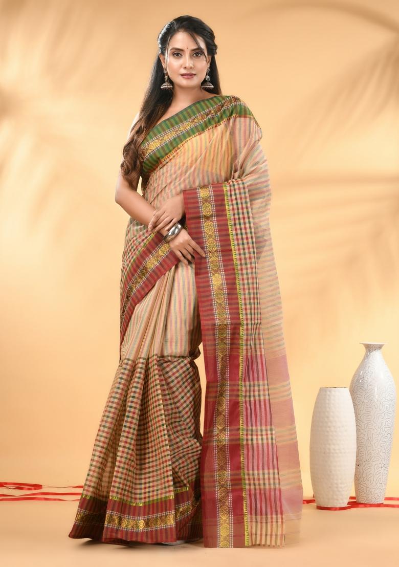 Beige Floral Embroidery Cotton Saree