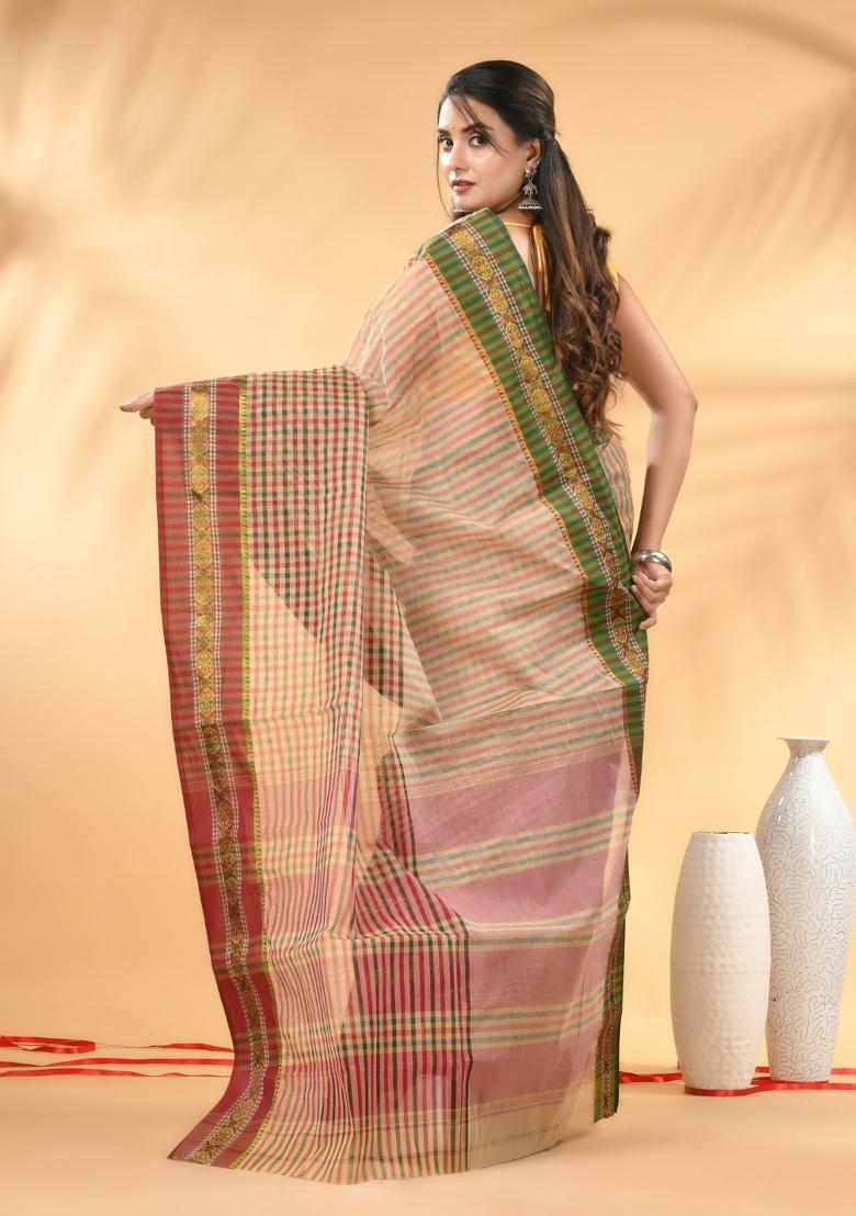 Beige Floral Embroidery Cotton Saree