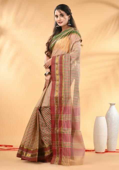 Beige Floral Embroidery Cotton Saree