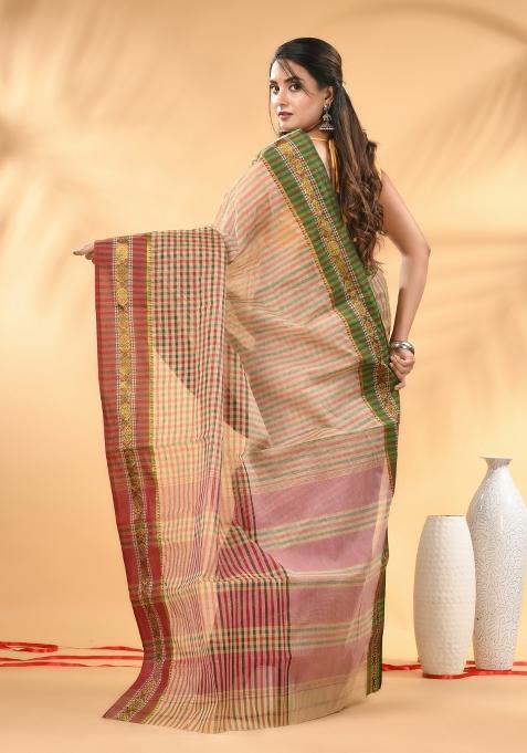 Beige Floral Embroidery Cotton Saree