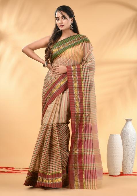 Beige Floral Embroidery Cotton Saree