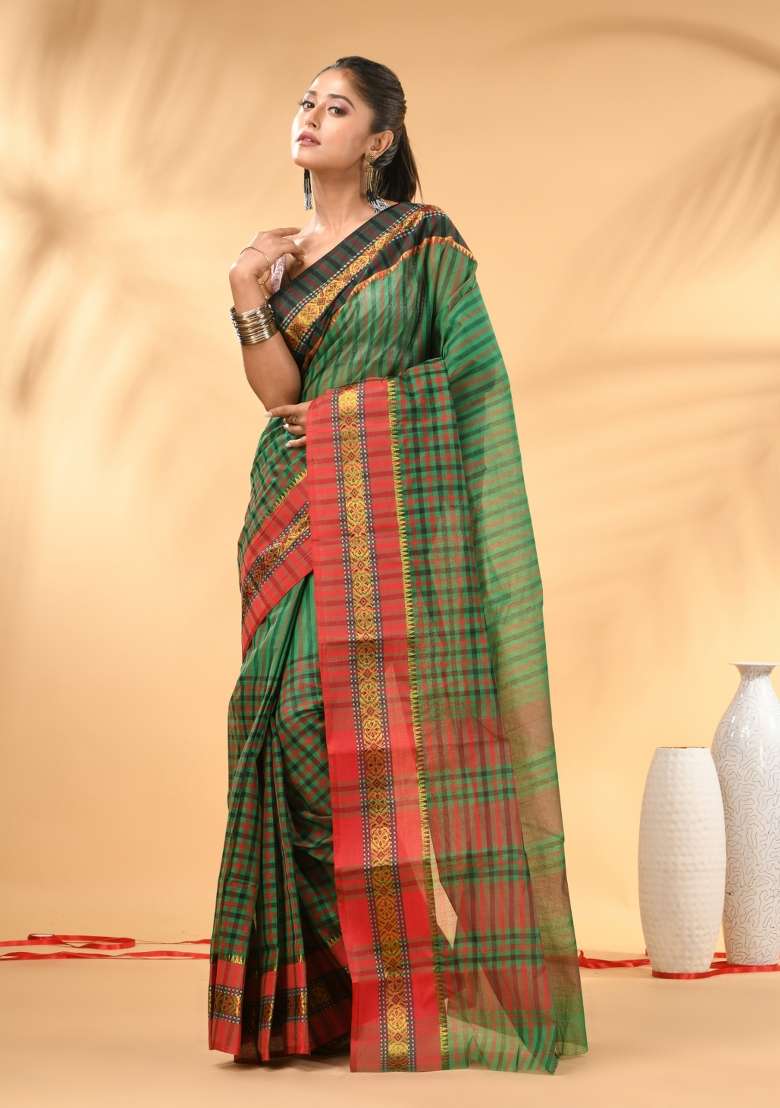 Green Floral Embroidery Cotton Saree - Indya
