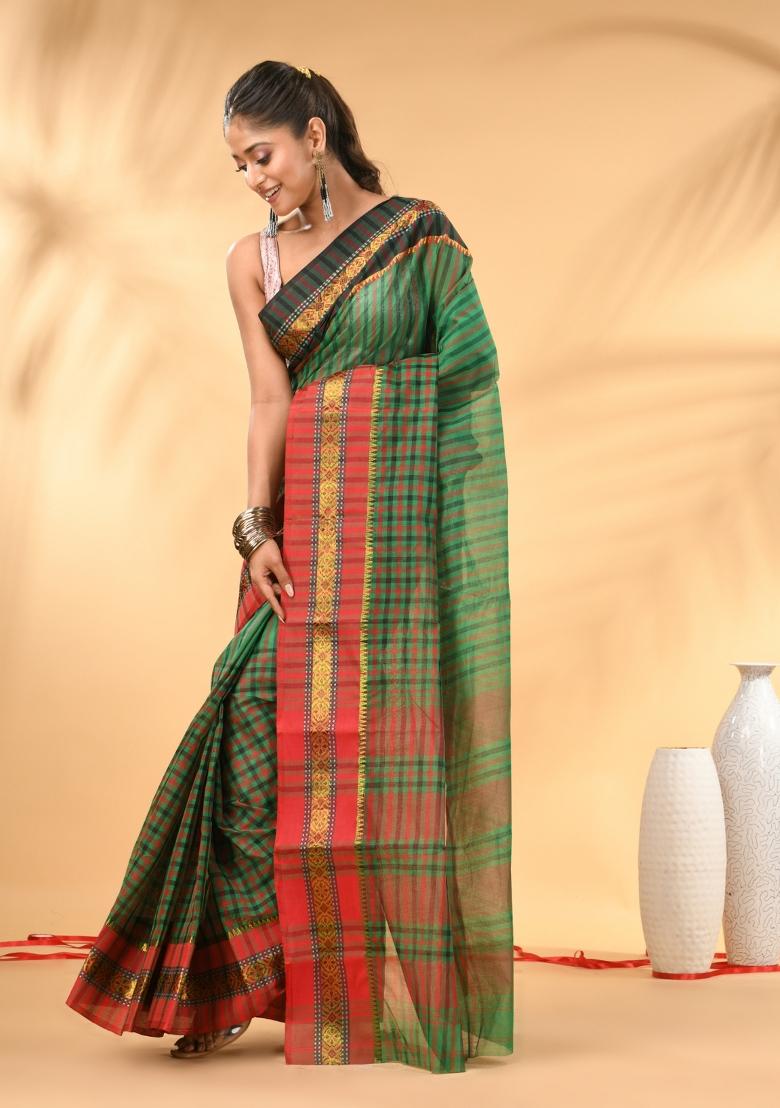 Green Floral Embroidery Cotton Saree - Indya