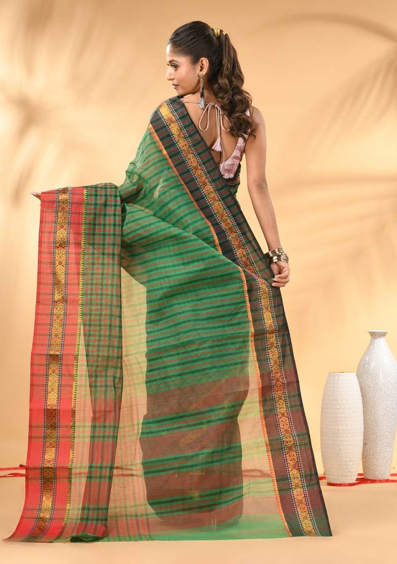 Green Floral Embroidery Cotton Saree - Indya