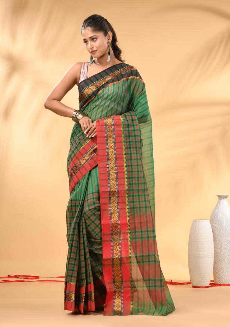 Green Floral Embroidery Cotton Saree - Indya