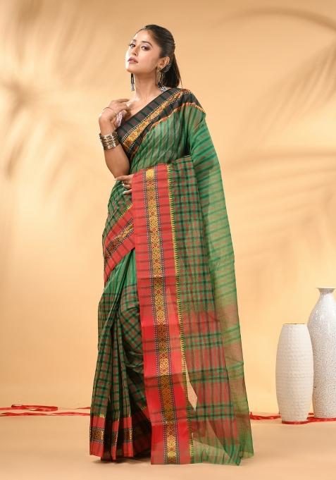 Green Floral Embroidery Cotton Saree
