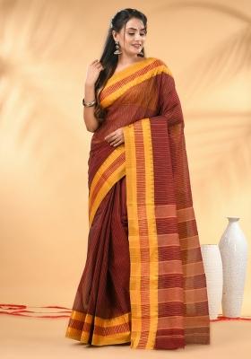 Maroon Floral Embroidery Cotton Saree
