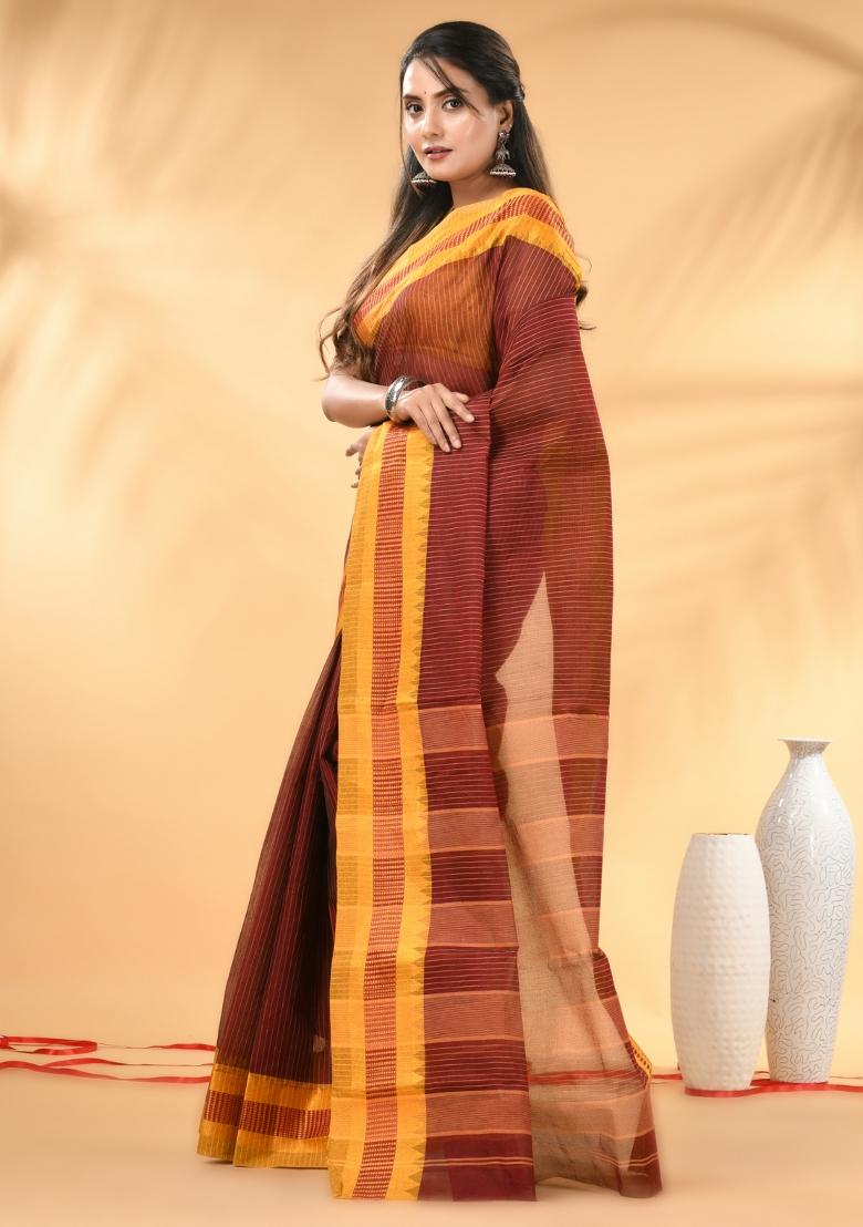 Maroon Floral Embroidery Cotton Saree - Indya