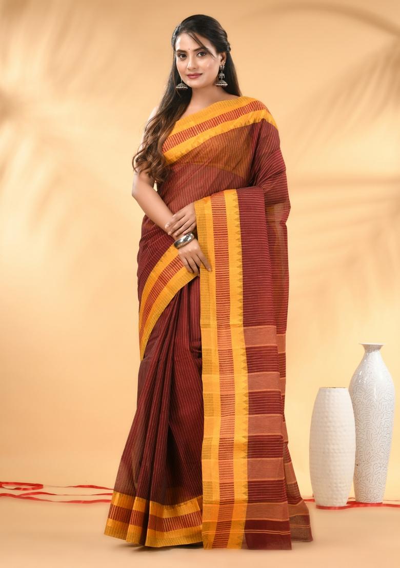Maroon Floral Embroidery Cotton Saree - Indya