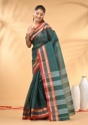Teal Floral Embroidery Cotton Saree