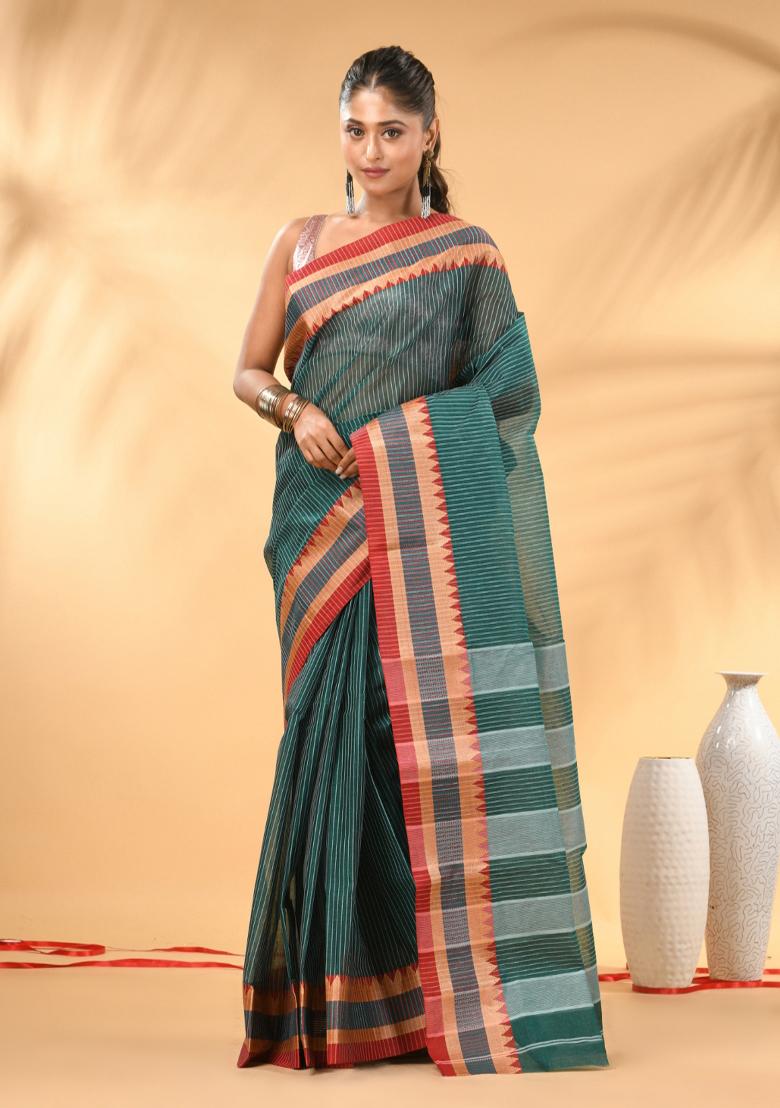 Teal Floral Embroidery Cotton Saree