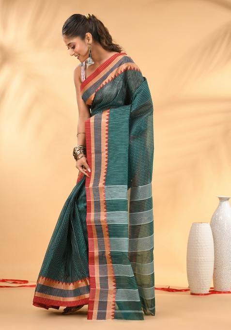Teal Floral Embroidery Cotton Saree