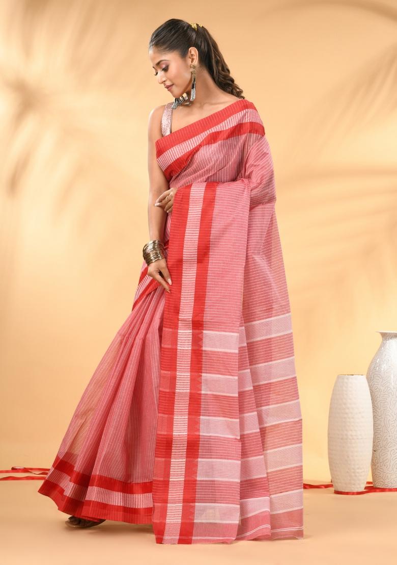 Red Floral Embroidery Cotton Saree