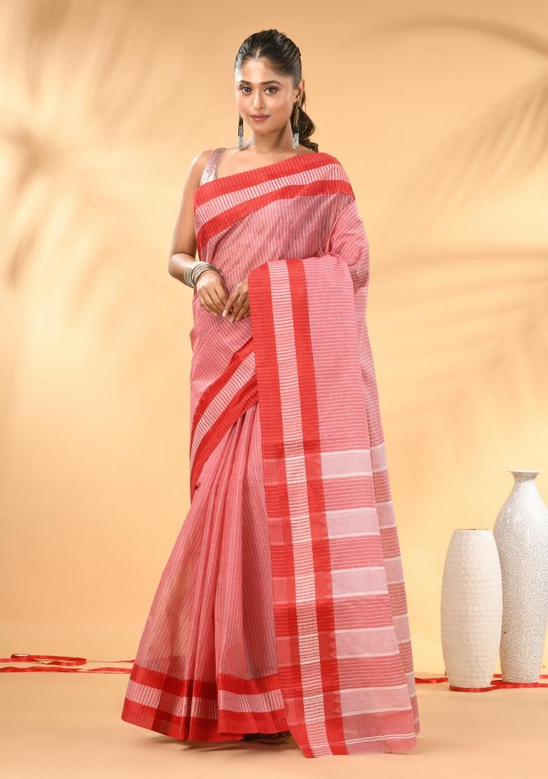 Red Floral Embroidery Cotton Saree