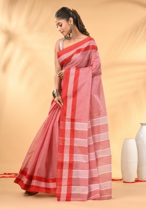 Red Floral Embroidery Cotton Saree