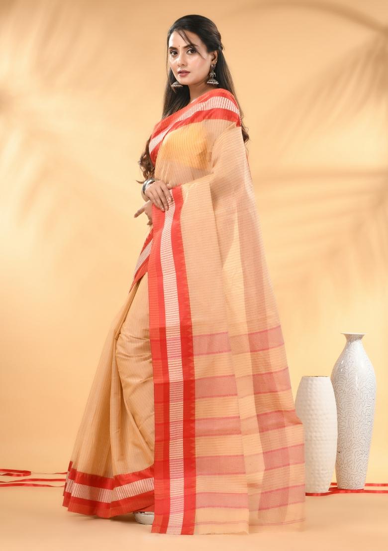Beige Floral Embroidery Cotton Saree