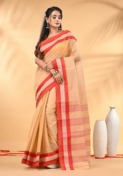 Beige Floral Embroidery Cotton Saree
