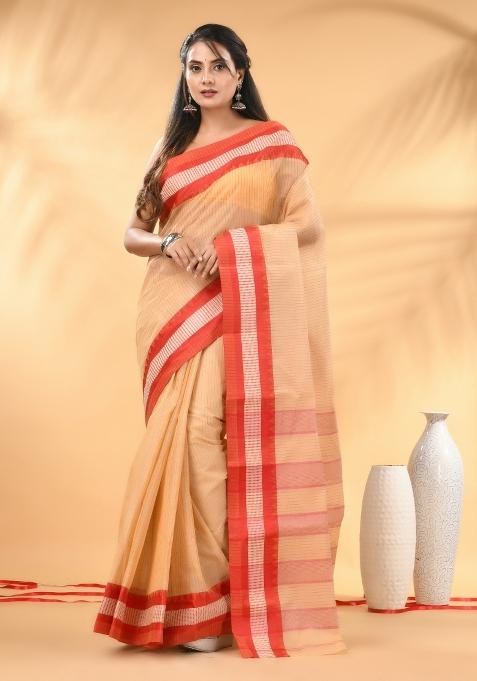 Beige Floral Embroidery Cotton Saree